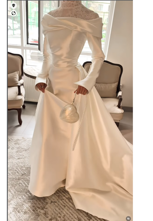 Off-the-Shoulder Illusion High Neck Satin Wedding Dress