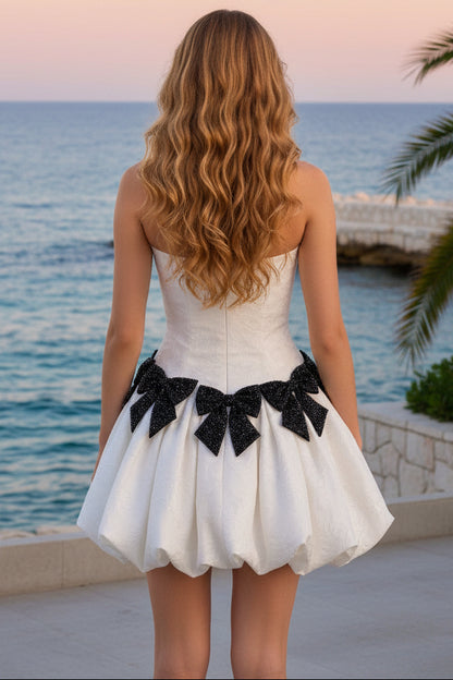 Strapless Bubble Skirt Mini Dress with Crystal Bows