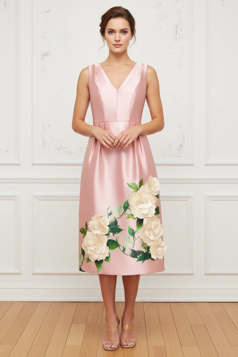 Sleeveless V-Neck 3D Floral Midi Dress
