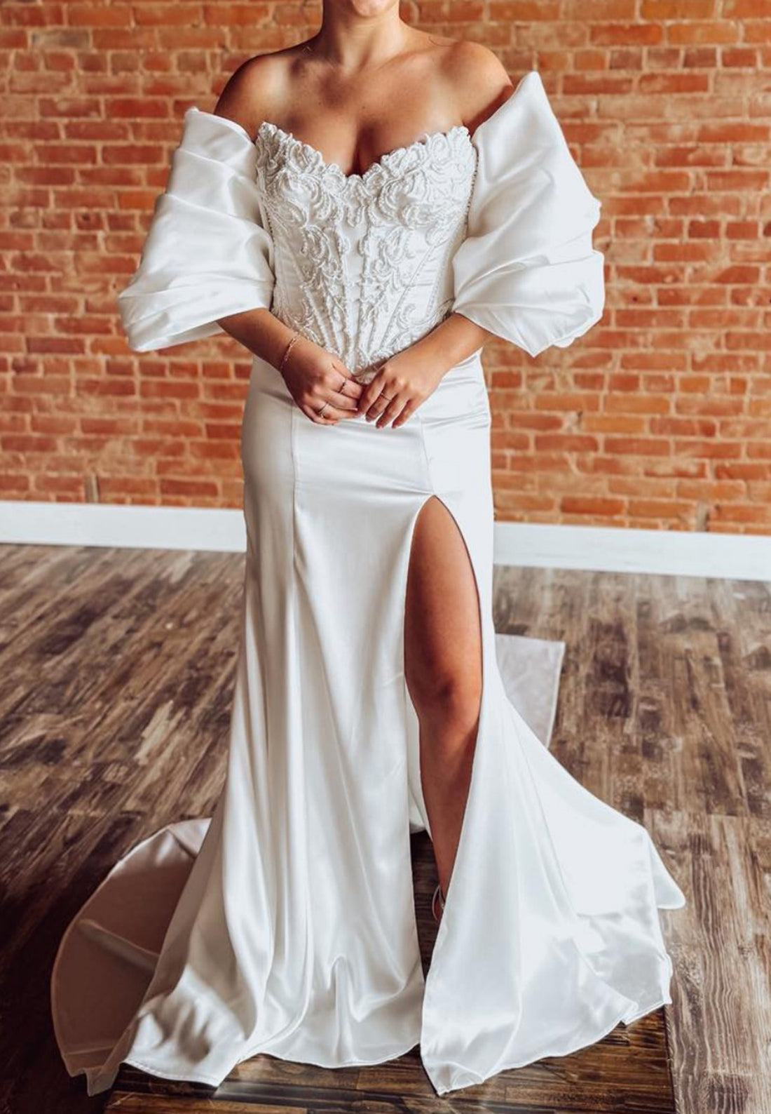 Corset Wedding Dress with Slit & Puffed Sleeves