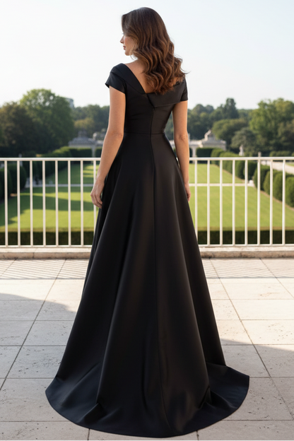 Foldover Neck Evening Gown with Slit and Overskirt
