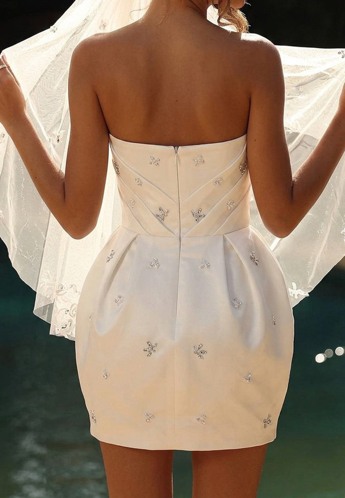 Strapless Pleated Satin Mini Dress with Beadwork