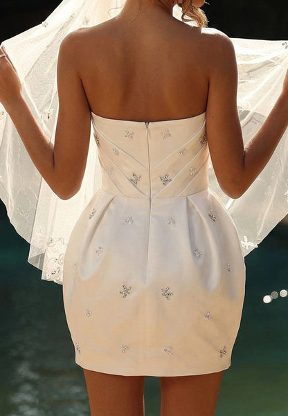 Strapless Pleated Satin Mini Dress with Beadwork