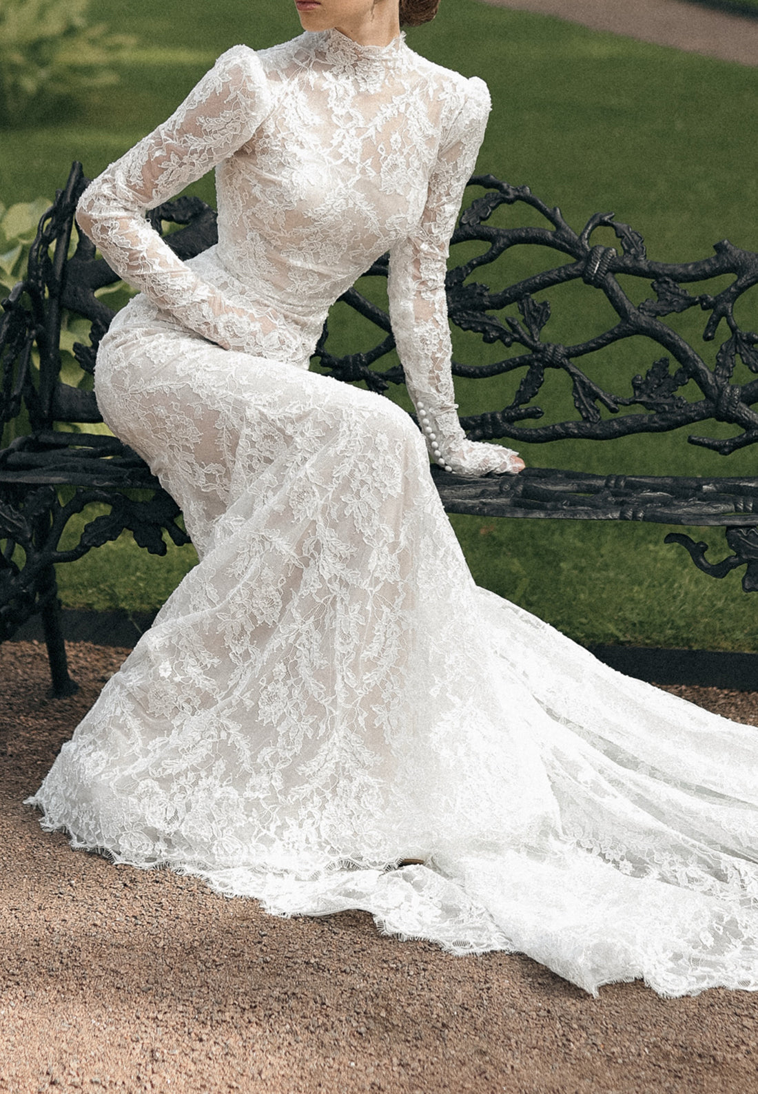 High-Neck Lace Long-Sleeve Wedding Dress