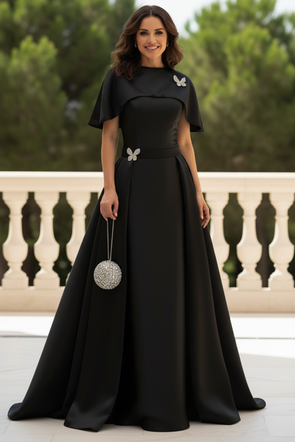 Cape Sleeve Satin A-Line Gown with Waist Belt