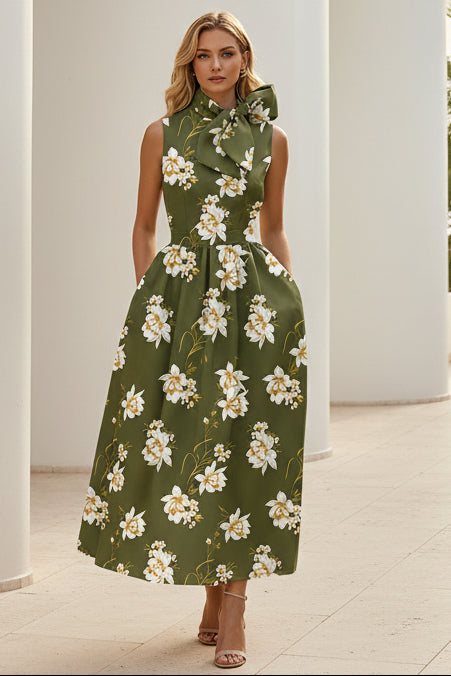 Elegant Floral A-Line Midi Dress with Neck Bow