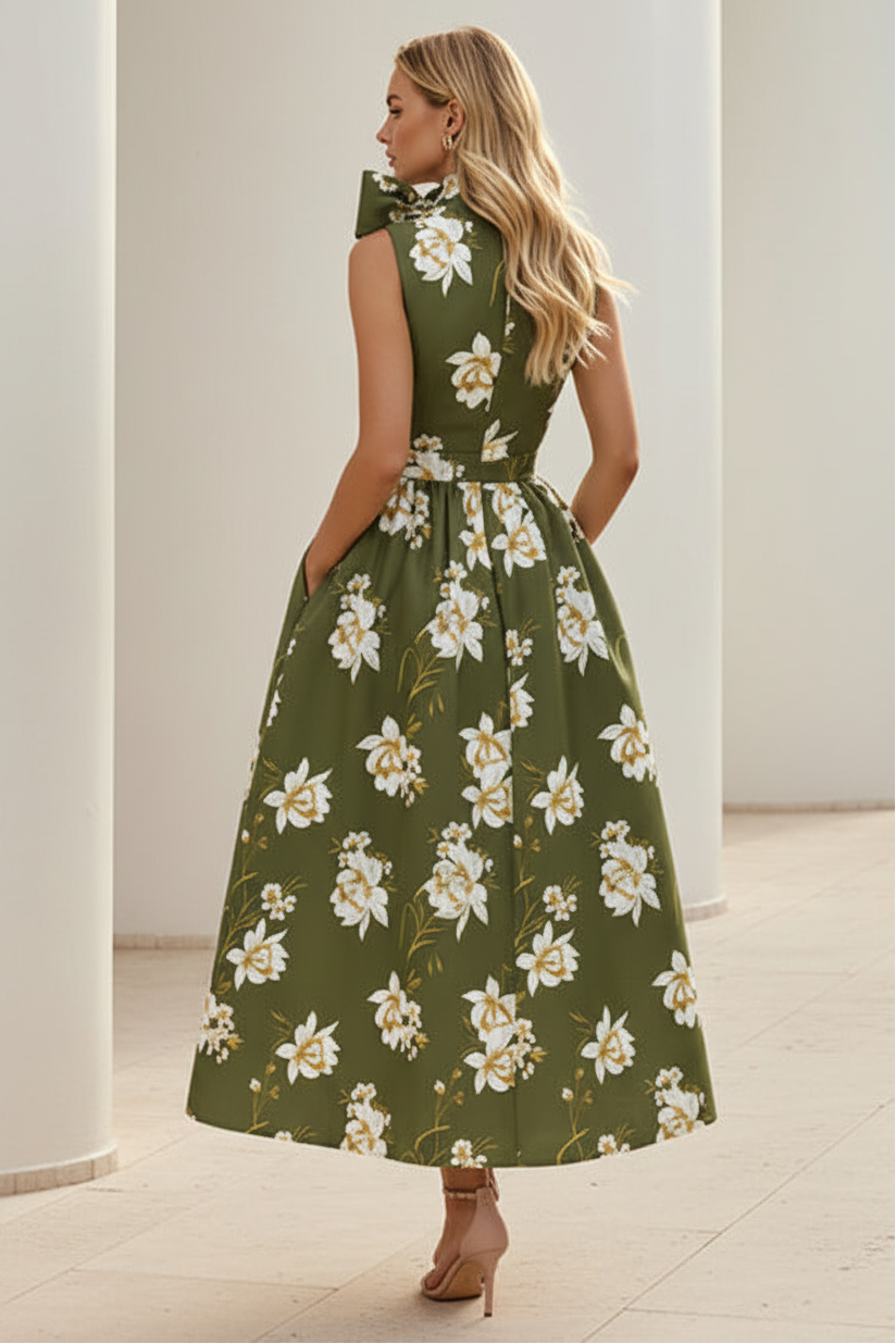 Elegant Floral A-Line Midi Dress with Neck Bow