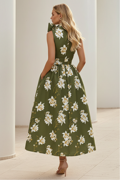 Elegant Floral A-Line Midi Dress with Neck Bow