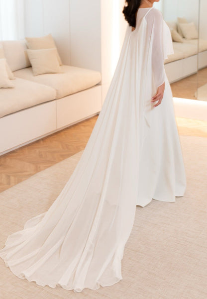 Minimalist Crepe Wedding Dress with Chiffon Cape