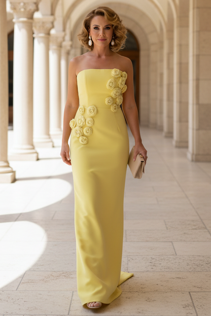 Strapless Column Gown with 3D Floral Appliques