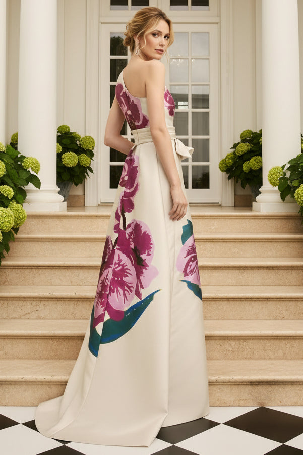 One-Shoulder Floral Print Maxi Dress with Sash