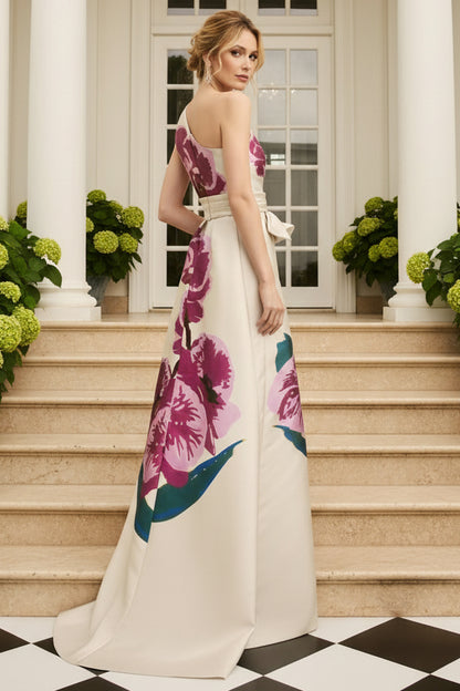 One-Shoulder Floral Print Maxi Dress with Sash