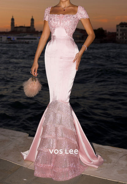 Lace Bodice Mermaid Gown with Tiered Fringe Hem
