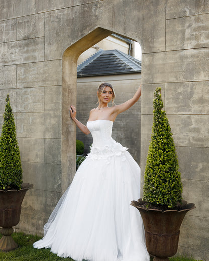 Strapless Corset Ball Gown Wedding Dress with 3D Flowers