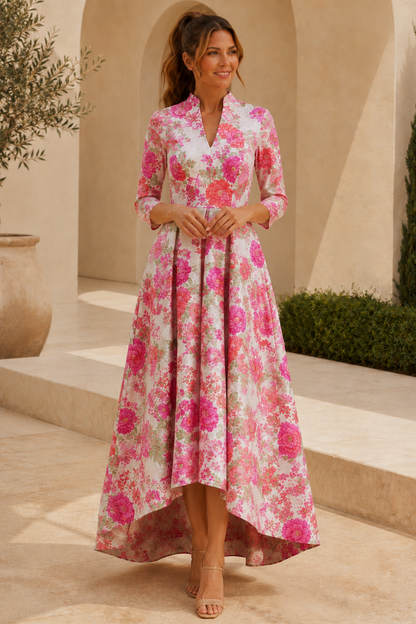 Floral Jacquard High-Low A-Line Dress