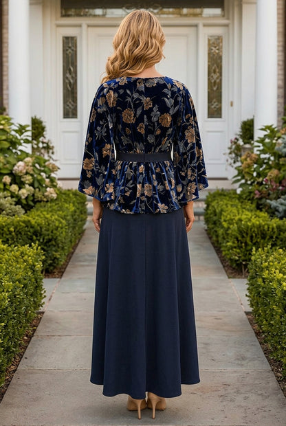 Velvet Floral Cape Overlay Maxi Dress