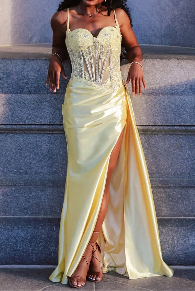 Corset Evening Gown with Slit and Beading