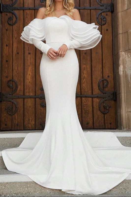 Off-the-Shoulder Ruffle Sleeve Mermaid Gown