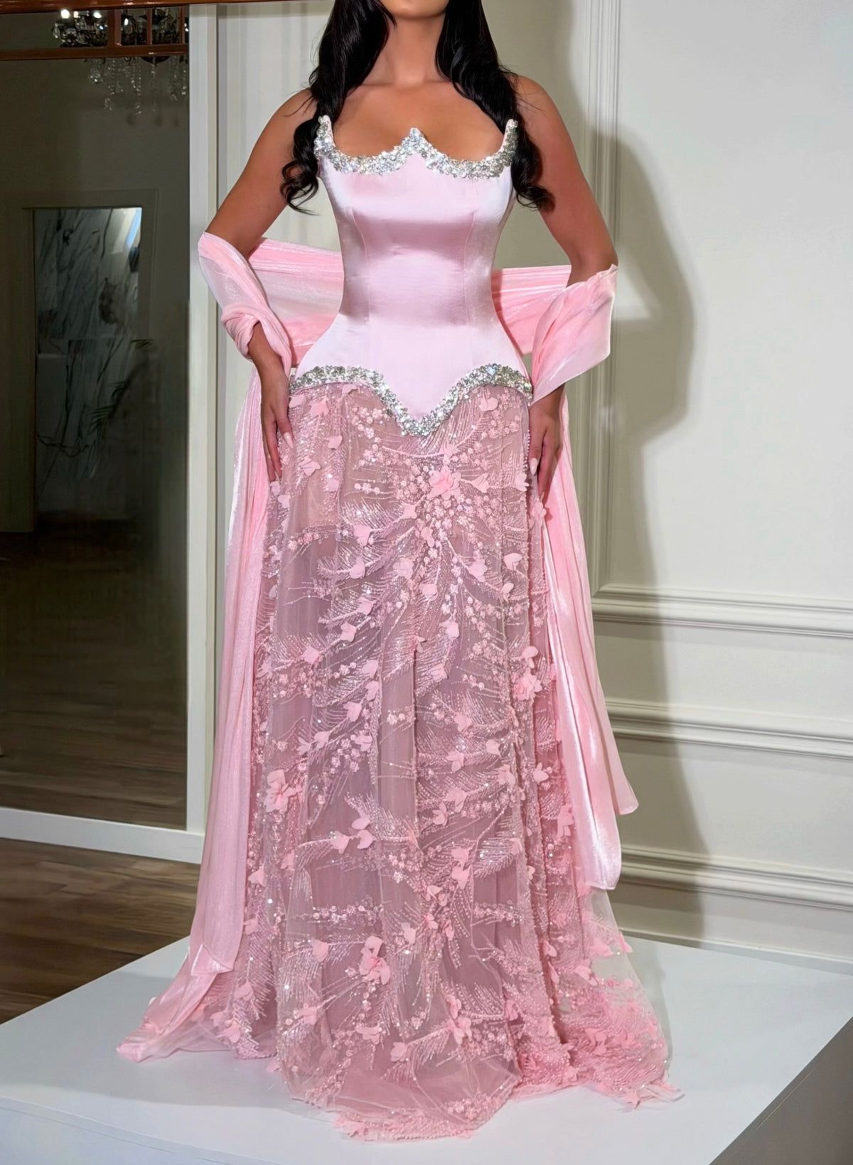 Corset Bodice Evening Gown with 3D Floral Skirt