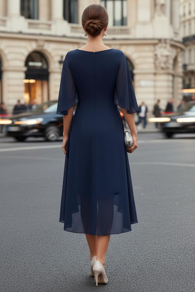 Cowl Neck Ruched Midi Dress with Flutter Sleeves