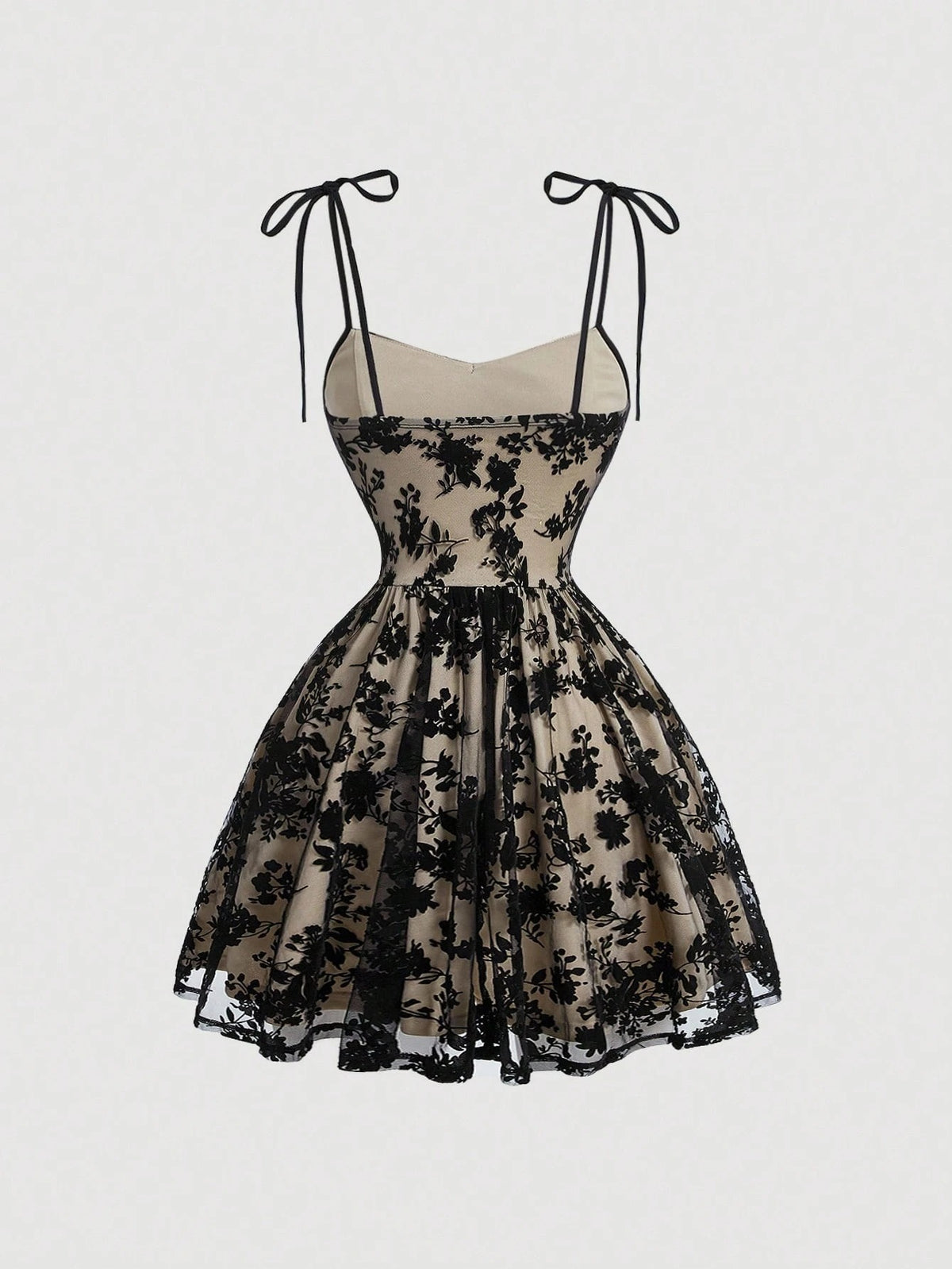 Floral Flocked Corset Mini Dress with Tie Straps