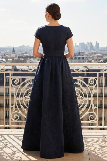 Beaded Jacquard A-Line Evening Gown with Pockets