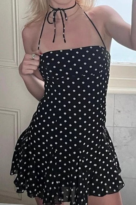 Polka Dot Halter Mini Dress with Tiered Ruffle Hem