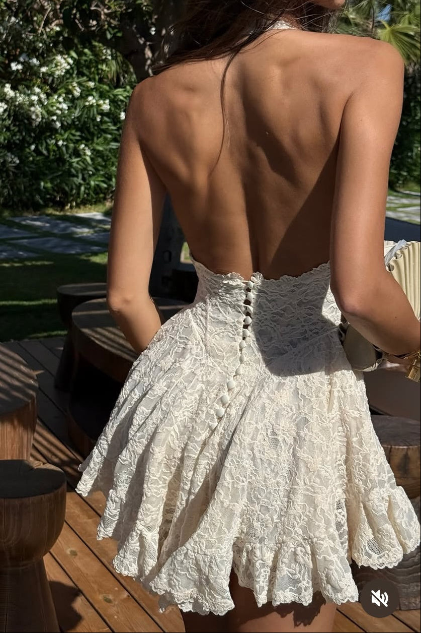 Lace Mini Dress with Low Back Button Closure