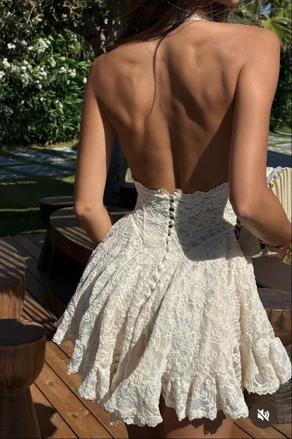 Lace Mini Dress with Low Back Button Closure