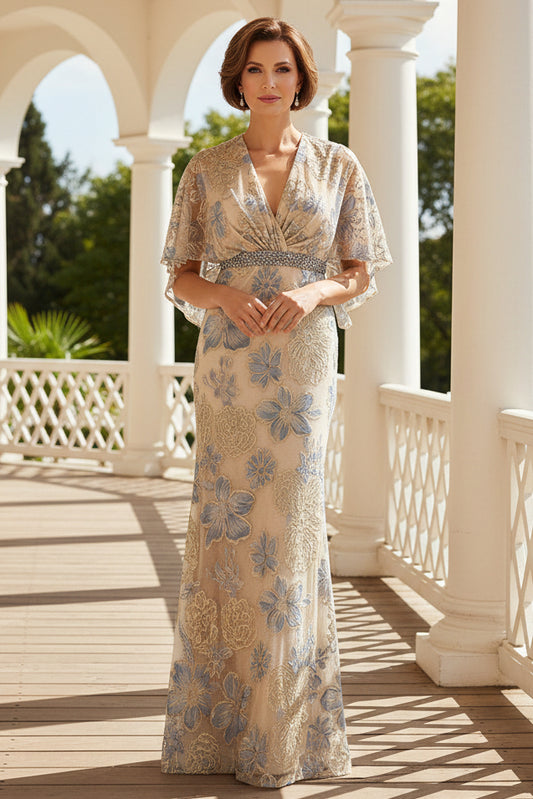 V-Neck Floral Embroidered Gown with Flutter Sleeves