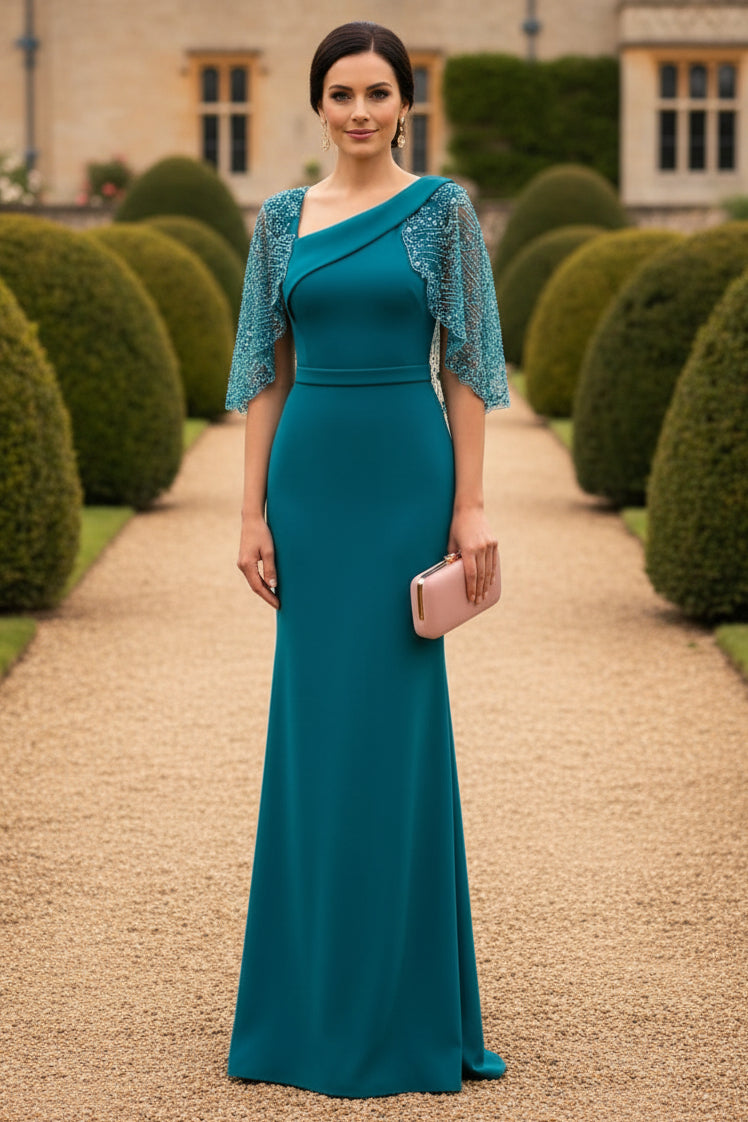 One-Shoulder Crepe Gown with Beaded Cape Sleeves
