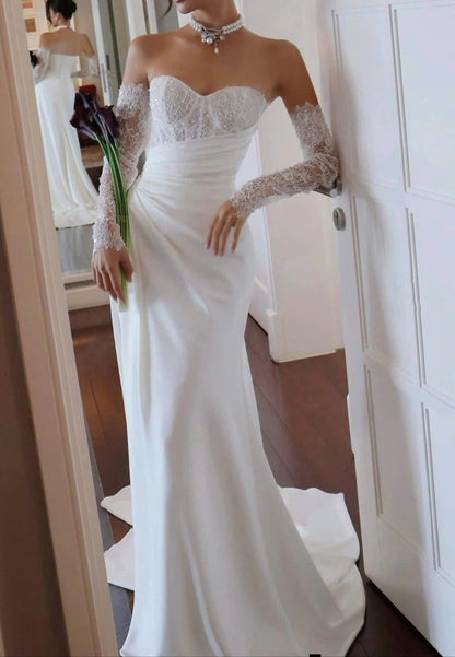 Strapless Ruched Gown with Lace Sleeves