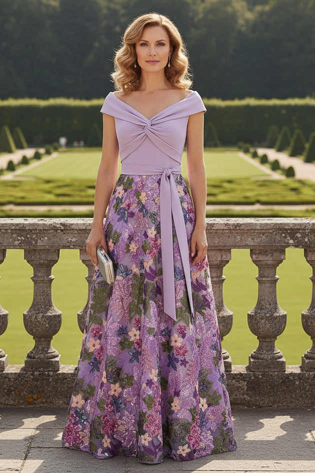 Off-the-Shoulder Floral Embroidered A-Line Gown