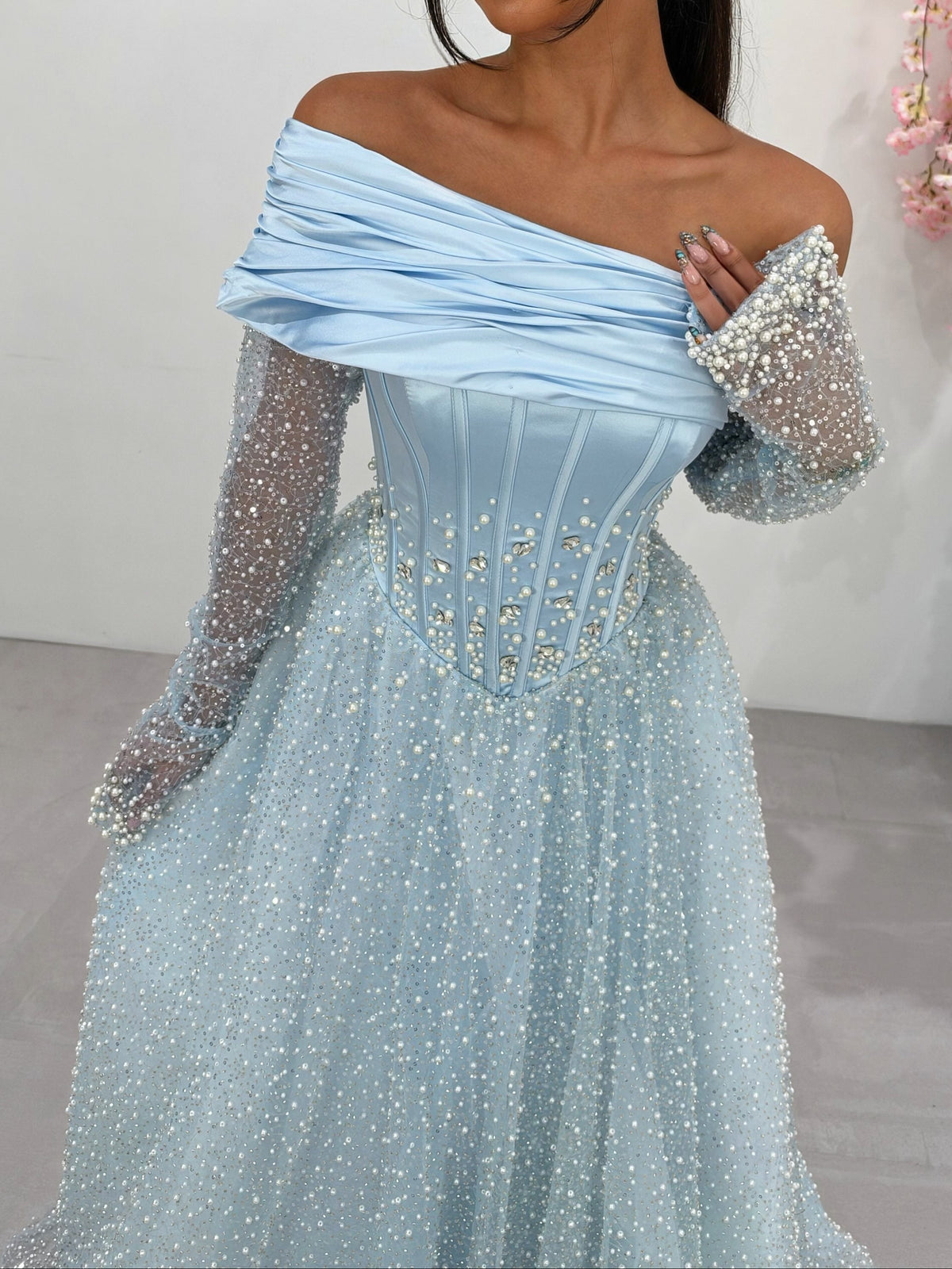 Corset Evening Gown with Beaded Sleeves and Skirt