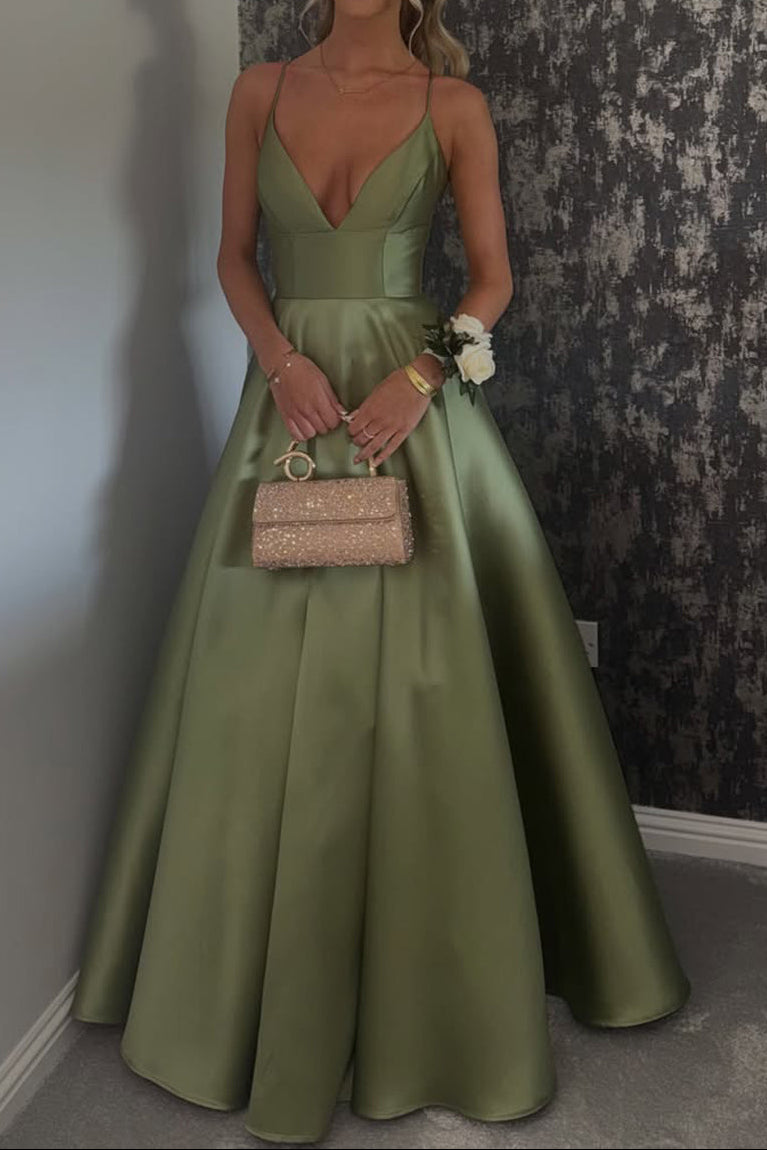 Deep V-Neck Satin A-Line Gown with Crisscross Back