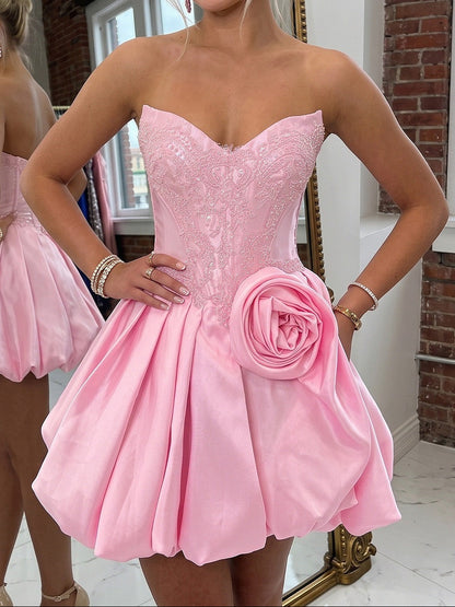 Strapless Lace Bodice Bubble Hem Mini Dress