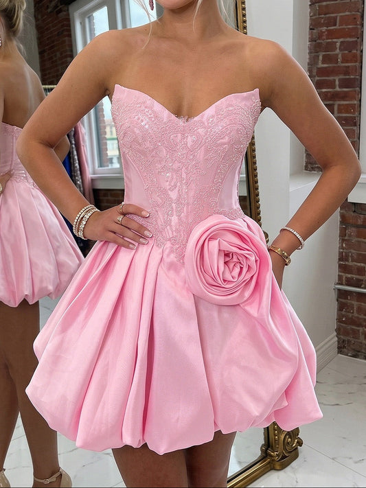 Strapless Lace Bodice Bubble Hem Mini Dress