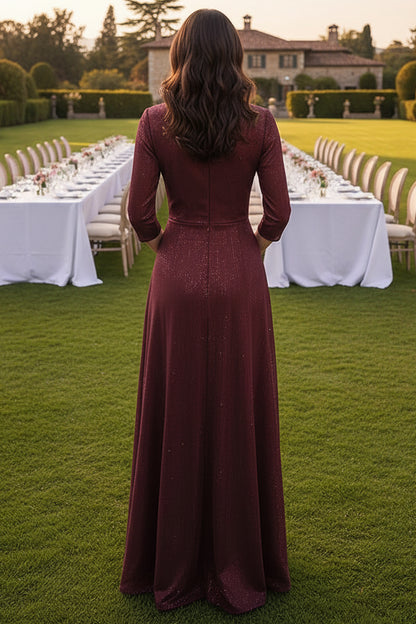 Shimmer 3/4 Sleeve A-Line Gown with Cascading Drape