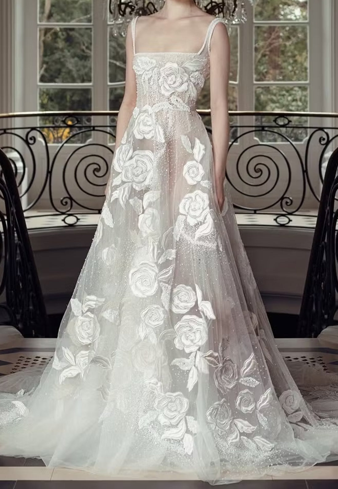 Square Neck Floral Applique Bridal Gown with Train