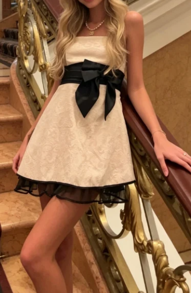 Strapless Jacquard Mini Dress with Bow Sash