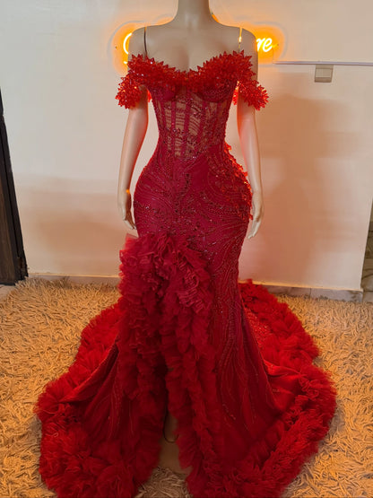 Off-the-Shoulder Beaded Corset Gown with Ruffle Train
