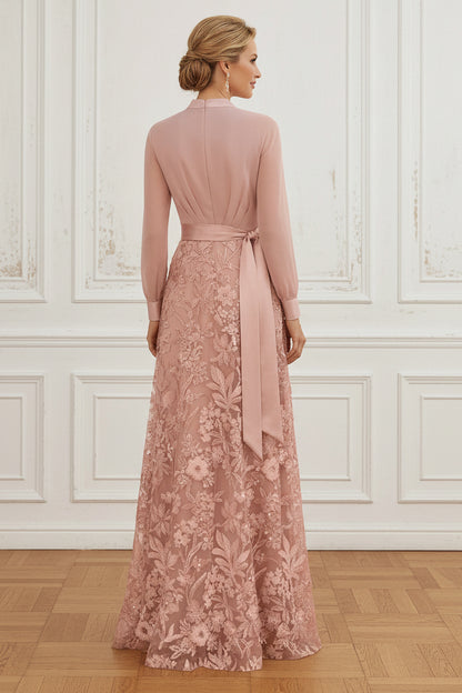 Long Sleeve V-Neck Embroidered A-Line Evening Gown
