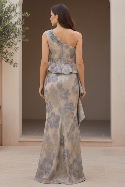One-Shoulder Peplum Floral Jacquard Evening Gown
