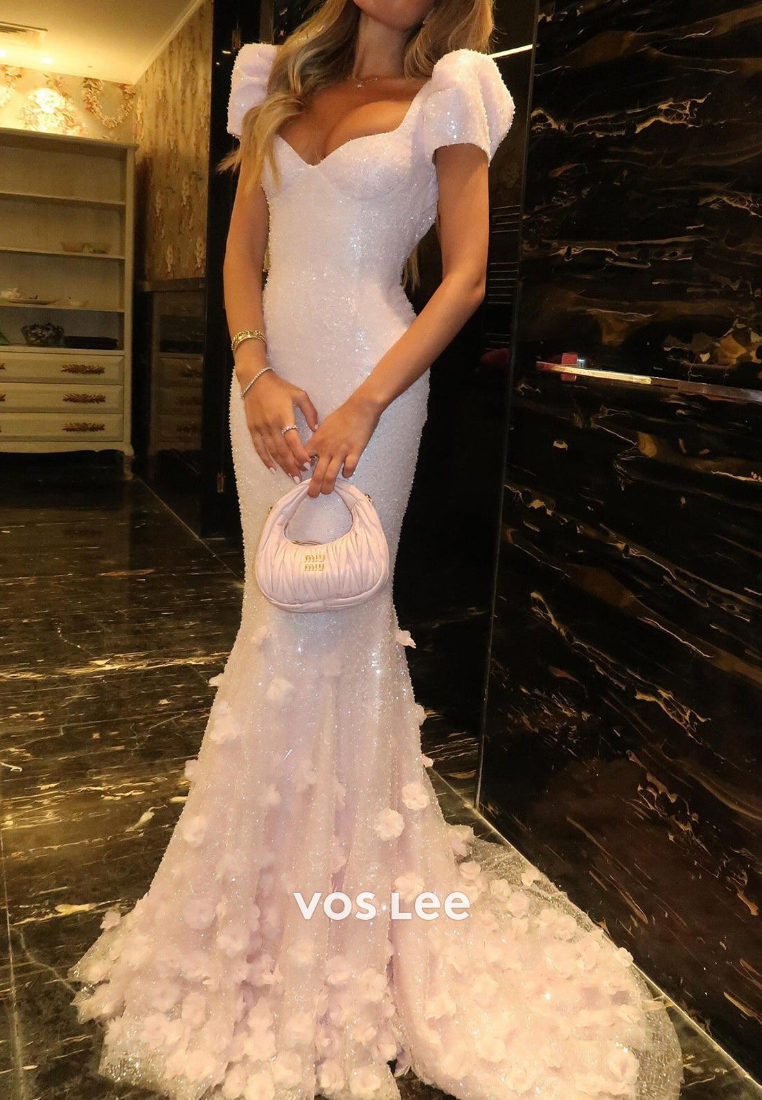 Sequin Mermaid Gown with 3D Floral Train
