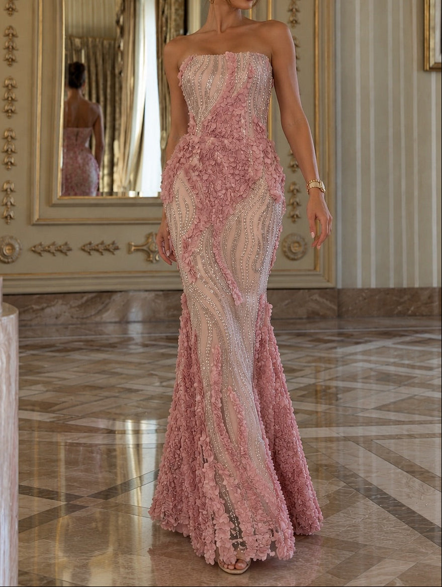 Strapless 3D Floral Beaded Mermaid Gown