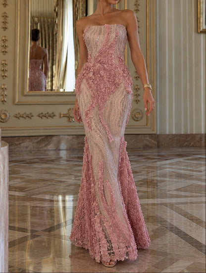 Strapless 3D Floral Beaded Mermaid Gown