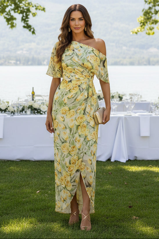 Asymmetrical One-Shoulder Floral Wrap Maxi Dress