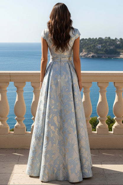 Pleated Metallic Jacquard A-Line Evening Gown