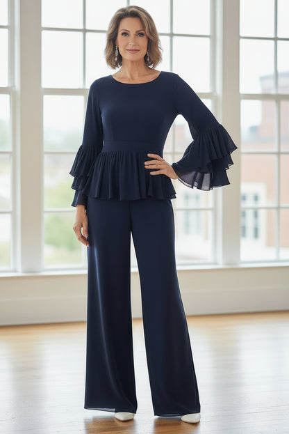 Elegant Peplum Long Sleeve Wide Leg Pantsuit