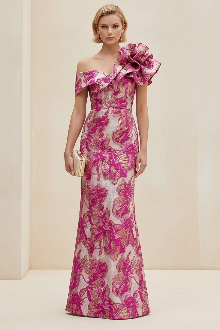 One-Shoulder Metallic Jacquard Column Evening Gown